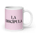 La Discípula The Disciple Funny Home Office Work Coffee Mug Mexican Spanish Pride Gift White Glossy Cup Light Pink Card Mug Mexicada 20 oz