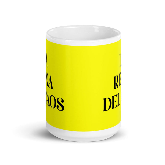 La Reina Del Caos The Queen Of Chaos / The King Of Chaos Funny Home Office Work Coffee Mug Mexican Spanish Pride Gift White Glossy Cup Yellow Card Mug Mexicada