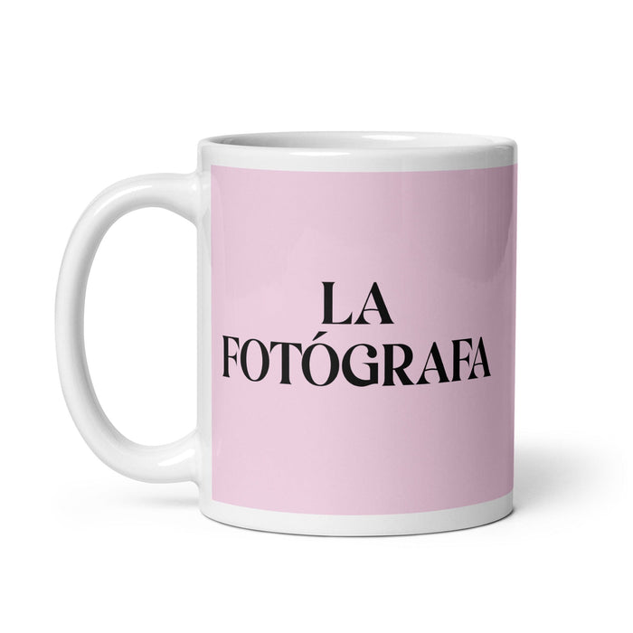 La Fotógrafa The Photographer Funny Home Office Work Coffee Mug Mexican Spanish Pride Gift White Glossy Cup Light Pink Card Mug Mexicada