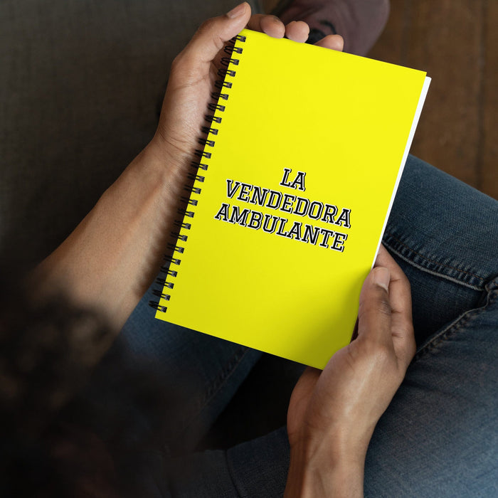 La Vendedora Ambulante The Street Vendor | Yellow Spiral Notebook, 140 Dotted Sheets | Funny Gift Idea Home Office Work | Mexican Spanish Pride Gift Mexicada