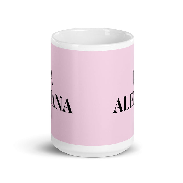 La Alemana The German Funny Home Office Work Coffee Mug Mexican Spanish Pride Gift White Glossy Cup Light Pink Card Mug Mexicada