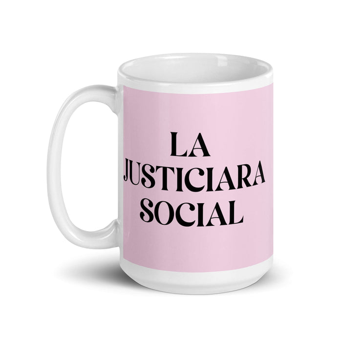 La Justiciara Social The Social Justice Advocate Funny Home Office Work Coffee Mug Mexican Spanish Pride Gift White Glossy Cup Light Pink Card Mug Mexicada