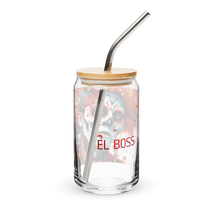 El Boss Exclusive Art Piece Can-Shaped Glass Home Office Work Mexican Spanish Pride Gift Cup One-Of-A-Kind Calligraphy Glass | E4 Mexicada