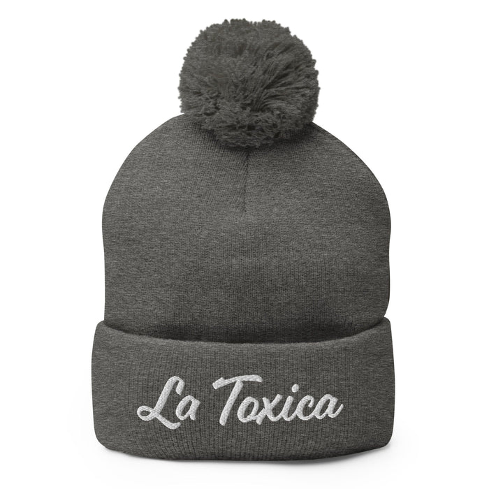 Embroidered La Toxica Spanish Mexican Bingo Game Funny Toxic Pom-Pom Beanie Mexicada Dark Heather Grey