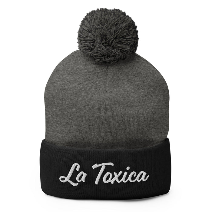 Embroidered La Toxica Spanish Mexican Bingo Game Funny Toxic Pom-Pom Beanie Mexicada Dark Heather Grey/ Black