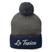 Embroidered La Toxica Spanish Mexican Bingo Game Funny Toxic Pom-Pom Beanie Mexicada Dark Heather Grey/ Navy