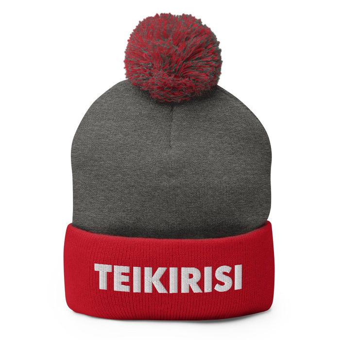 Embroidered Teikirisi - Take It Easy Funny Spanish Saying Phrase Pom-Pom Beanie Mexicada Dark Heather Grey/ Red