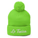 Embroidered La Toxica Spanish Mexican Bingo Game Funny Toxic Pom-Pom Beanie Mexicada Neon Green