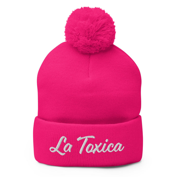 Embroidered La Toxica Spanish Mexican Bingo Game Funny Toxic Pom-Pom Beanie Mexicada Neon Pink