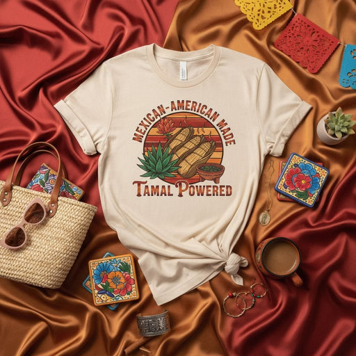 Mexican-American Made Tamal Powered T-Shirt, Cinco de Mayo, Dia de Muertos, Mexican Heritage, Hispanic Culture Gift, Corn and Agave Design, Unisex Tee Mexicada