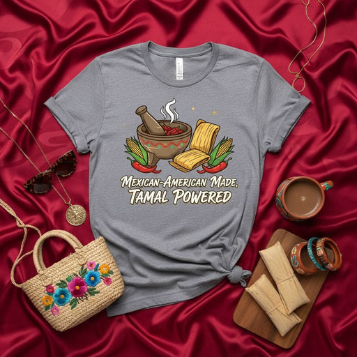 Mexican-American Made Tamal Powered T-Shirt, Funny Tamale Foodie Shirt, Molcajete Corn and Chili Pepper Graphic Tee, Unisex Hispanic Heritage Comfort Shirt, Latina Cooking Gift, Cultural Pride Apparel Mexicada