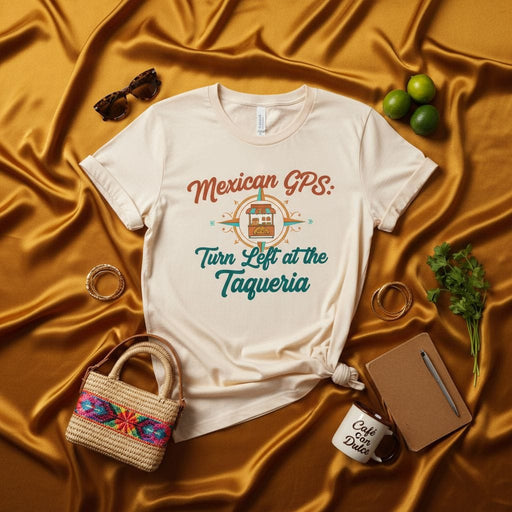 Mexican GPS: Turn Left at the Taqueria T-Shirt, Funny Foodie Taco Lover Shirt, Unisex Tee, Unique Mexican Culture Graphic Apparel Gift Idea Mexicada