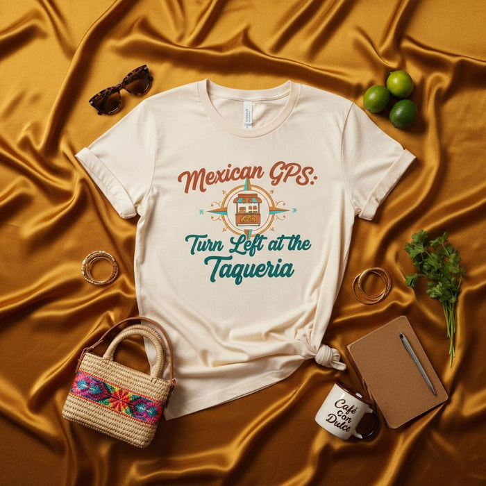 Mexican GPS: Turn Left at the Taqueria T-Shirt, Funny Foodie Taco Lover Shirt, Unisex Tee, Unique Mexican Culture Graphic Apparel Gift Idea Mexicada