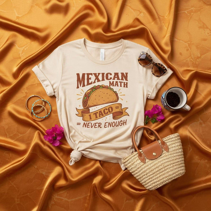 Mexican Math 1 Taco = Never Enough Funny T-Shirt, Food Lover Tee, Cinco de Mayo Shirt, Taco Tuesday Gift, Unisex Graphic Novelty Shirt for Men and Women, Beige Casual Shirt Mexicada