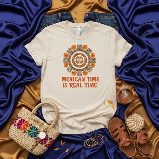 MEXICAN TIME IS REAL TIME Shirt, Aztec Calendar Marigold Flower Tee, Funny Mexican Heritage Gift T-Shirt, Unisex Graphic Top Mexicada