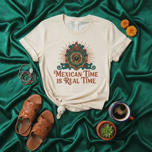 Mexican Time Is Real Time T-Shirt, Funny Hispanic Culture Tee, Aztec Calendar Clock Graphic Print, Unisex Vintage Style Shirt for Mexicans & Latine Pride Mexicada