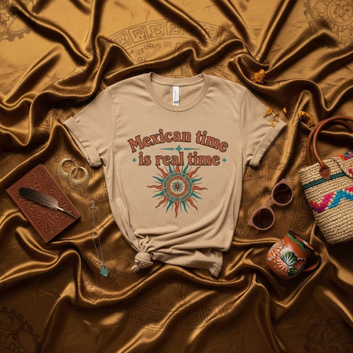 Mexican Time Is Real Time T-Shirt, Funny Hispanic Culture Tee, Boho Sun Design Shirt, Latino Heritage Gift, Vintage Desert Colors Unisex Top Mexicada