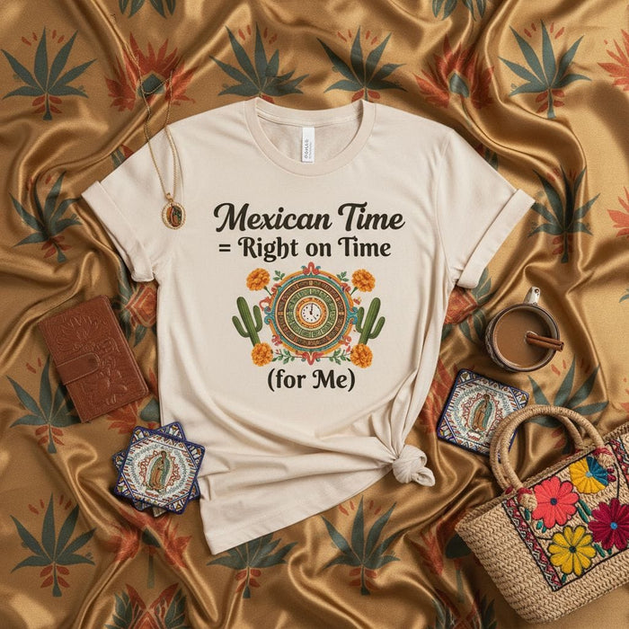 Mexican Time = Right on Time (for Me) T-Shirt Aztec Calendar and Cactus Graphic Tee Funny Cultural Saying Unisex Shirt Mexican Heritage Gift Idea for Him Her Friends Family Mexicada