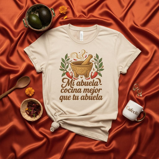 Mi abuela cocina mejor que tu abuela T-Shirt, Mexican Molcajete Spanish Quote Tee, Funny Grandma Cooking Gift, Hispanic Heritage Shirt Mexicada