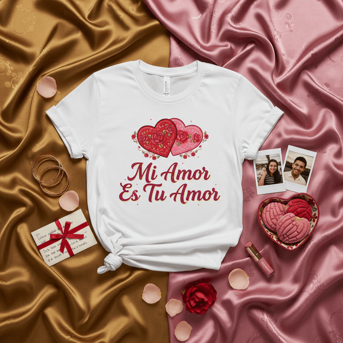 Mi Amor Es Tu Amor T-Shirt | Valentine's Day Tee with Romantic Hearts & Roses Graphic | Spanish Love Quote Shirt | Cute Couples Gift for Him Her | Unisex Anniversary Present | Dia de San Valentin Apparel Mexicada