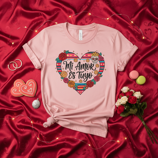 Mi Amor Es Tuyo Sugar Skull Heart T-Shirt | Valentine's Day Dia de Muertos Hispanic Love Gift Tee | Mexican Blanket Serape Stripes Floral Design Unisex Shirt Mexicada
