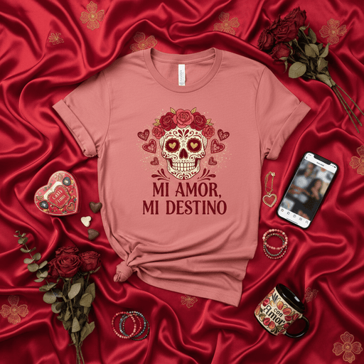 Mi Amor, Mi Destino Sugar Skull Shirt, Day of the Dead T-Shirt, Dia De Los Muertos Calavera Tee, Valentine's Heart Rose Floral Design Unisex Gift Mexicada