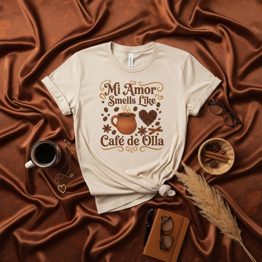 Mi Amor Smells Like Café de Olla T-Shirt, Coffee Lover Gift, Mexican Hot Chocolate Spices, Brown Sugar Cinnamon Star Anise Shirt, Unisex Graphic Tee Mexicada