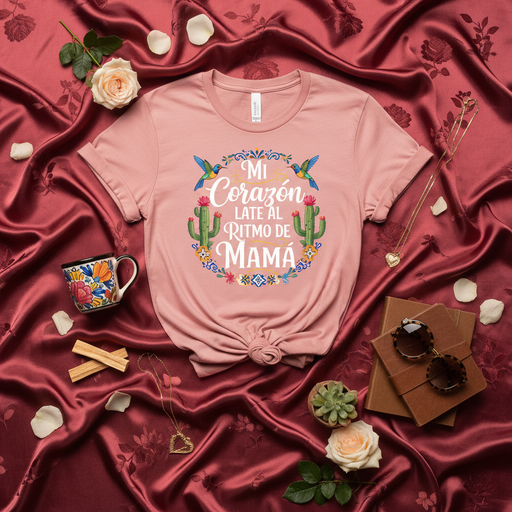 Mi Corazón Late Al Ritmo De Mamá T-Shirt | Día de las Madres Regalo | Unisex Camiseta Floral con Colibríes y Cactus | Hispanic Heritage Gift Idea Mexicada
