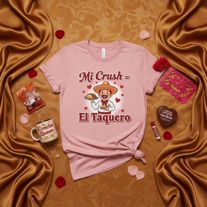 Mi Crush = El Taquero Funny Taco Lover T-Shirt, Mexican Foodie Unisex Tee with Hearts, Cute Valentine's Day Gift for Taqueria Fan, Concha Queen Mug Photo Prop Shirt Mexicada