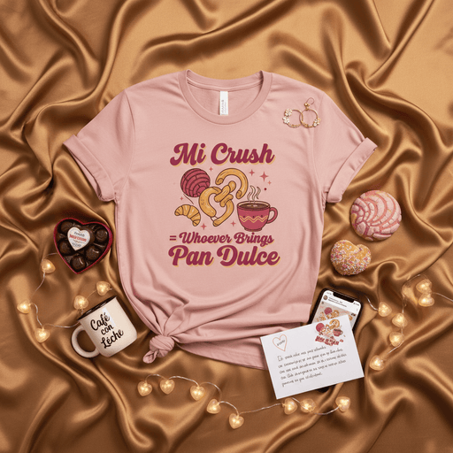 Mi Crush = Whoever Brings Pan Dulce T-Shirt, Funny Valentine's Day Panadería Bakery Love Tee, Mexican Sweet Bread Concha Crop Top, Cafecito Coffee Shirt for Women Men Mexicada