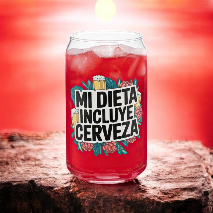 Mi Dieta Incluye Cerveza Exclusive Art Piece Can-Shaped Glass Home Office Work Mexican Spanish Pride Gift Cup One-Of-A-Kind Calligraphy Glass | M4 Mexicada