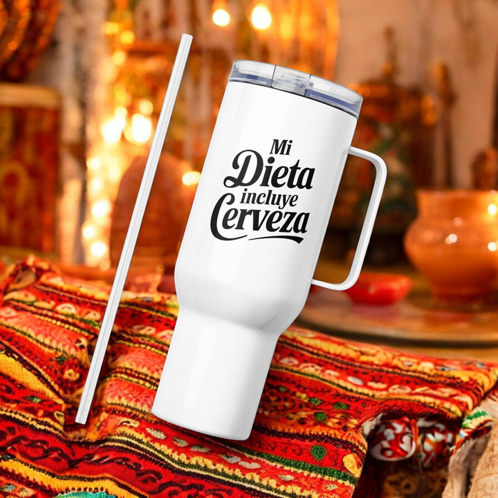 Mi Dieta Incluye Cerveza Exclusive Art Piece Travel Mug With Handle For Water, Iced Tee Or Coffee | Funny Cute Gift Idea Home Office Work | Mexican Spanish Pride | M27 Mexicada 40 oz