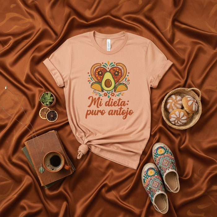 Mi dieta: puro antojo T-Shirt, Funny Mexican Food Lover Tee, Avocado Taco Design, Spanish Quote Shirt, Cinco de Mayo Apparel, Unisex Foodie Gift Mexicada
