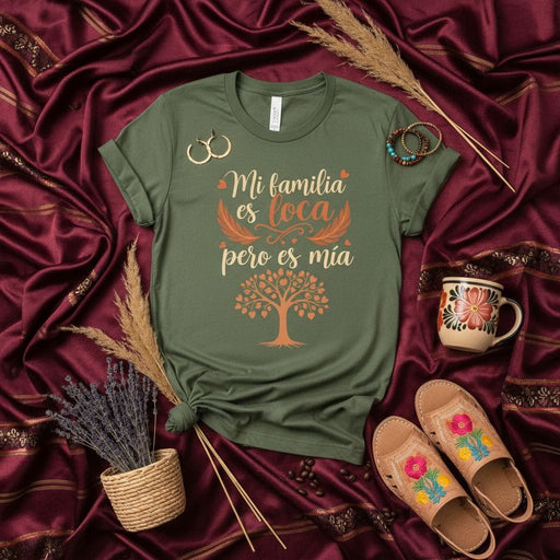 Mi familia es loca pero es mía Spanish Family Tree T-Shirt, Funny Hispanic Latino Heritage Gift Tee, Unisex Crewneck Shirt with Heart Detail, Dark Green Top, Soft T-Shirt for Men & Women Mexicada