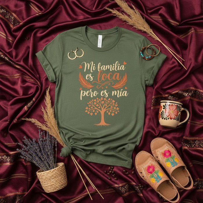 Mi familia es loca pero es mía Spanish Family Tree T-Shirt, Funny Hispanic Latino Heritage Gift Tee, Unisex Crewneck Shirt with Heart Detail, Dark Green Top, Soft T-Shirt for Men & Women Mexicada