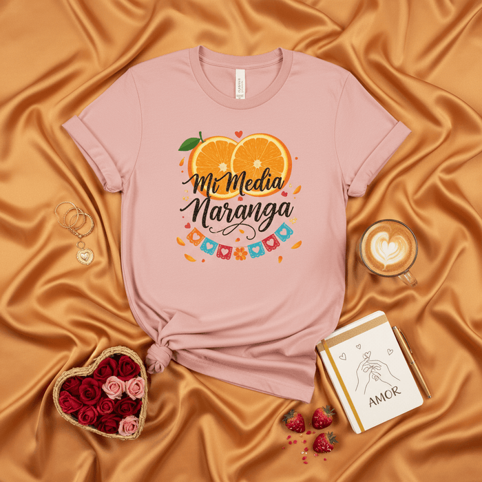 Mi Media Naranja T-Shirt, Cute Spanish Orange Slice Love Heart Valentines Day Shirt, Floral Garland Romantic Couple Gift for Him Her, Amigas Friends Latina Tee Mexicada