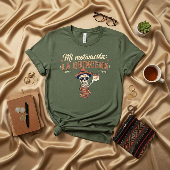 Mi motivación: LA QUINCENA T-Shirt, Funny Hispanic Payday Shirt, Día de Muertos Skeleton with Sombrero & Calendar, Cinco de Mayo Spanish Quote Tee, Unisex Graphic Salary Gift for Him Her Mexicada