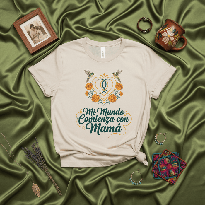 Mi Mundo Comienza con Mamá Hummingbird Cempasúchil Heart T-Shirt | Día de Muertos Inspired Tee | Mommy & Me Gift | Spanish Quote Shirt for Mother's Day, Birthday, or Baby Shower Gift Idea Mexicada