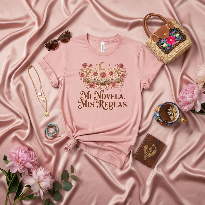 Mi Novela, Mis Reglas T-Shirt, Spanish Quote Tee, My Novel My Rules Shirt, Latina Book Lover Gift, Floral Book Graphic Top, Feminine Reader Apparel Mexicada