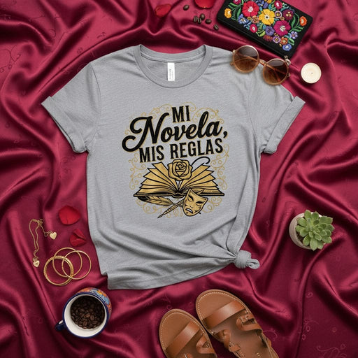 Mi Novela Mis Reglas T-Shirt, Spanish Telenovela Shirt, Gold Open Book Rose Mask Quill, Latina Drama Queen Gift, Escritora Novelist Writer Tee Mexicada