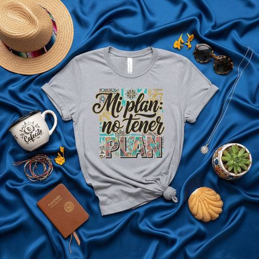 Mi plan: no tener plan Funny Spanish Quote T-Shirt, Relaxed Fit Unisex Tee, Hispanic Heritage Month Gift, Latina Shirt, Mexican Heritage Apparel, Concha Mug, Passport, Travel Vibe Shirt Mexicada