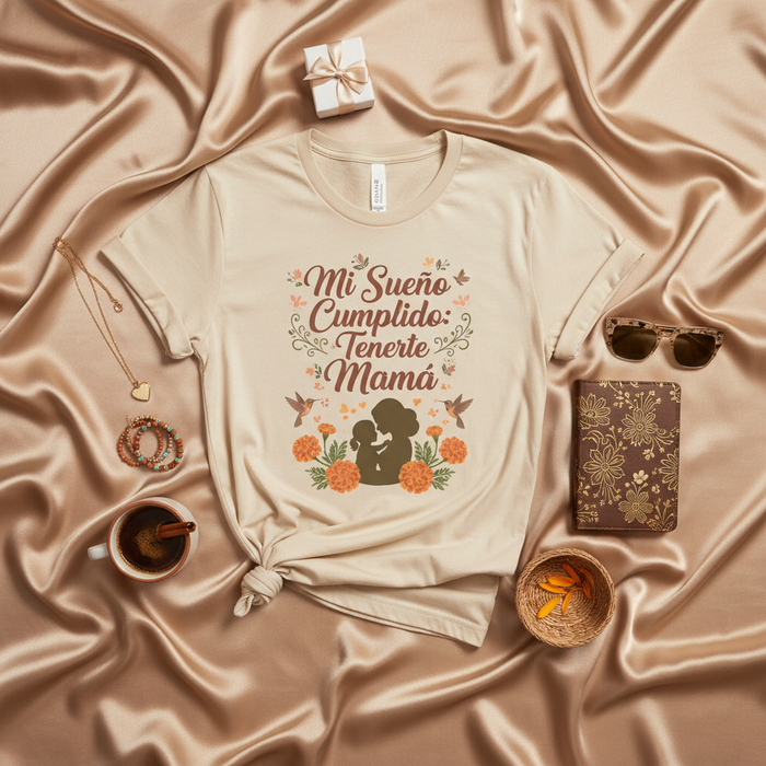 Mi Sueño Cumplido: Tenerte Mamá Camiseta de Día de la Madre Regalo para Mamá Silueta de Madre e Hija Colibríes Flores de Cempasúchil Ropa Unisex en Español. Mexicada