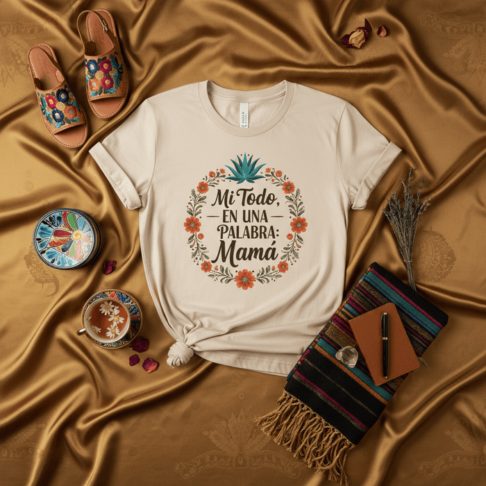 Mi Todo en Una Palabra Mamá T-Shirt, Spanish Mother's Day Shirt, Floral Wreath Graphic Tee, Latina Mom Gift, Cute Funny Mama Life Apparel Mexicada