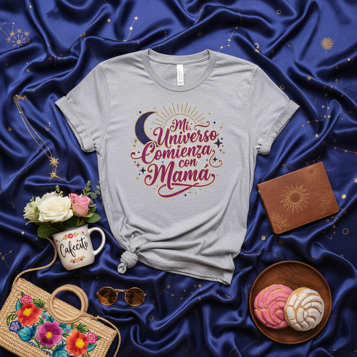 Mi Universo Comienza con Mamá Unisex T-Shirt, Camiseta Regalo para Mamá, Día de la Madre, Cumpleaños, Spanish Shirt Mother's Day Gift Idea, Celestial Sun Moon Stars Graphic Tee Mexicada