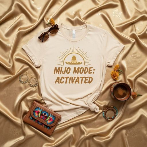 Mijo Mode Activated T-Shirt with Sombrero Sunburst Graphic | Unisex Spanish-English Phrase Tee for Son, Nephew, or Grandson | Funny Latino Heritage Apparel Gift Idea for Him Mexicada