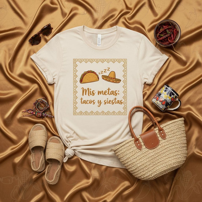 Mis metas: tacos y siestas Funny Spanish T-Shirt, Cinco de Mayo Fiesta Tee, Foodie Nap Lover Shirt, Sleeping Sombrero Taco Graphic T-Shirt, Unisex Gift for Him or Her Mexicada