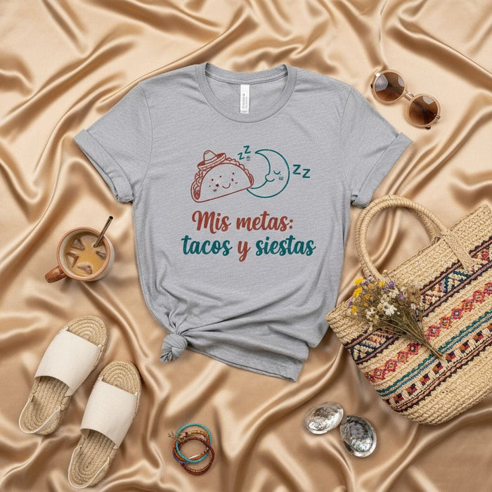 Mis metas: Tacos y Siestas T-Shirt, Funny Sleeping Taco and Moon Graphic Tee, Unisex Spanish Quote Shirt for Food and Nap Lovers Mexicada