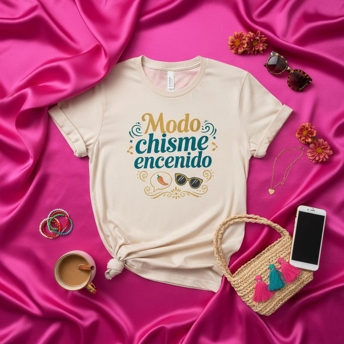 Modo Chisme Encendido T-Shirt: Funny Spanish "Gossip Mode On" Tee, Sarcastic Latinx Saying Shirt, Sunglasses and Chili Pepper Graphic Top, Unisex Slogan T-Shirt Gift Idea Mexicada