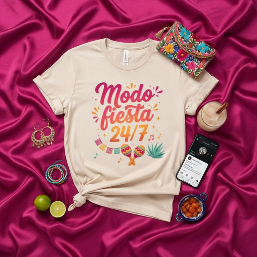 Modo Fiesta 24/7 T-Shirt, Fun Spanish Party Mode Tee, Cute Maracas and Banners Graphic Shirt, Unisex Beige Festival Celebration Apparel Gift Mexicada