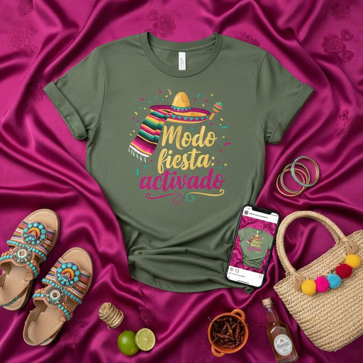 Modo Fiesta Activado T-Shirt, Fun Spanish Party Mode Activated Shirt, Sombrero Maraca Serape Cinco de Mayo Fiesta Theme Tee, Unisex Graphic Top for Festival Celebration Mexicada